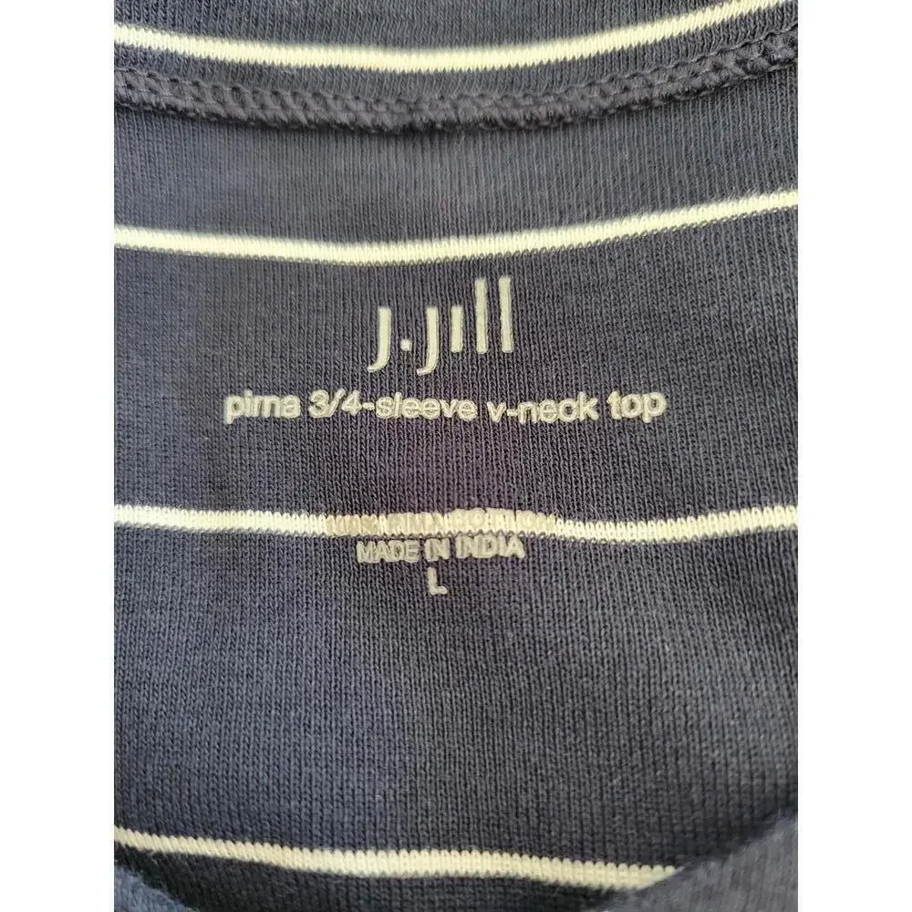 J. Jill large blue with white stripes 3/4 sleeve v neck tee shirt - Picture 3 of 5